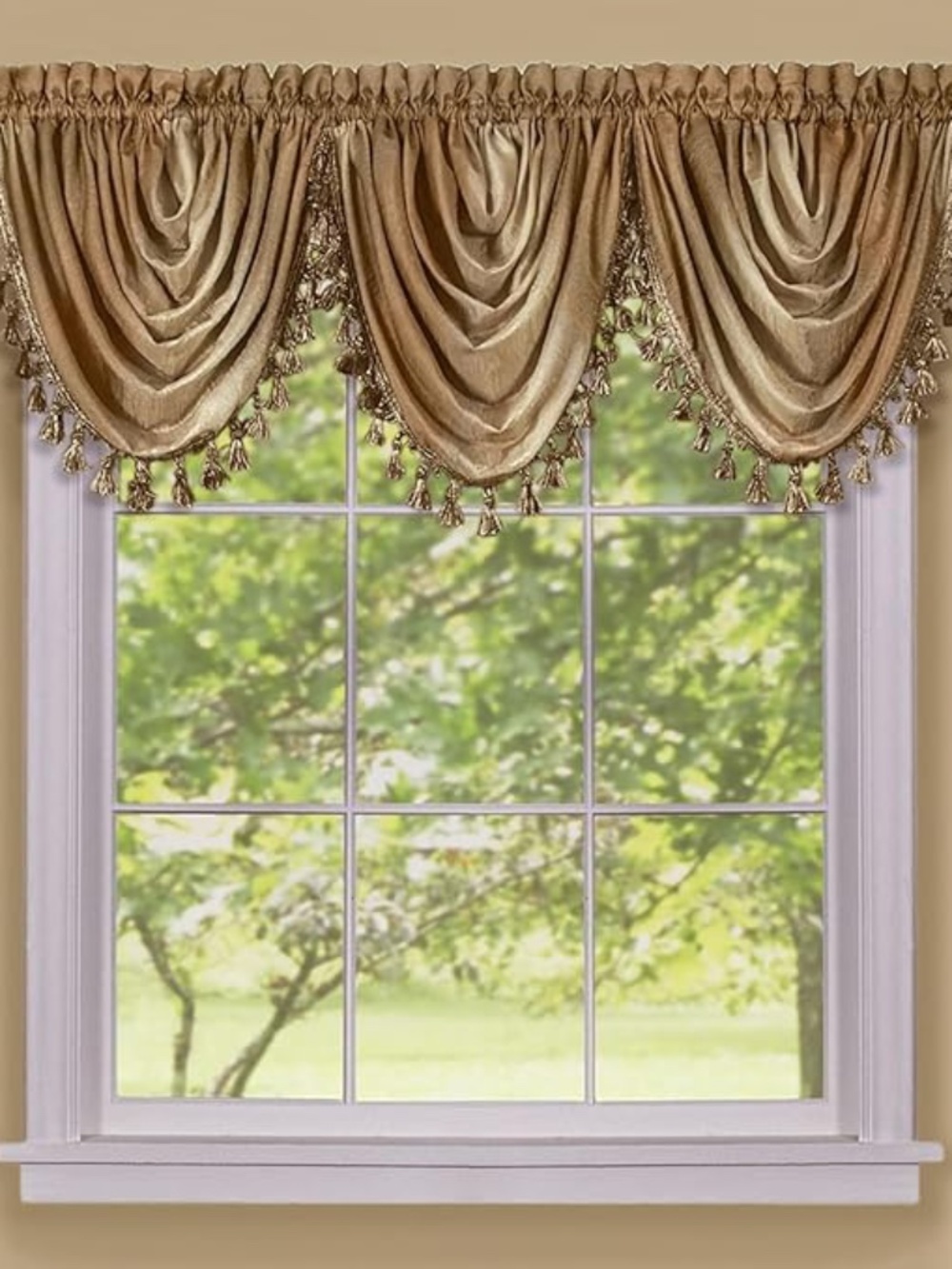 Gold/brown and beige ombrรฉ drapes curtains and waterfall swags with tassels